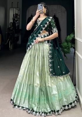 Green Embroiderd Blended Lehenga Set