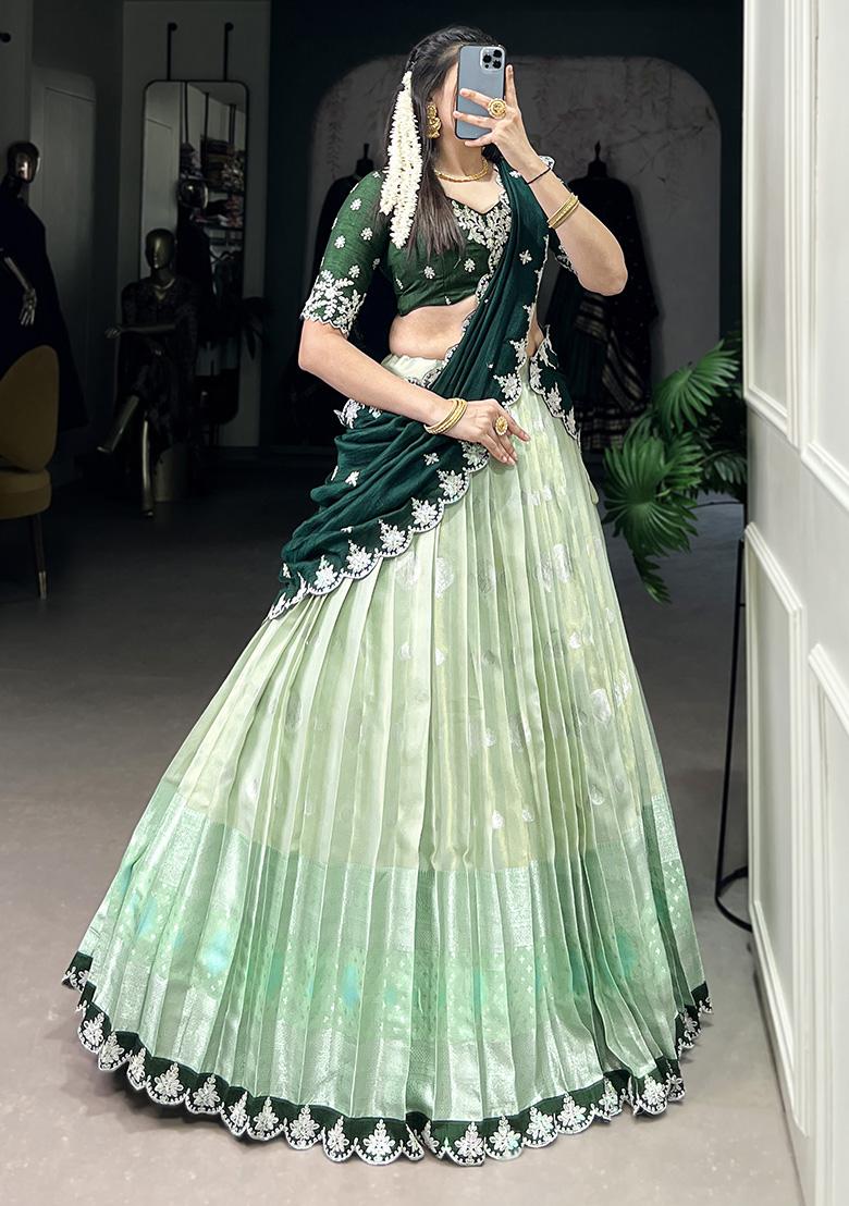 Green Embroiderd Blended Lehenga Set - Indya