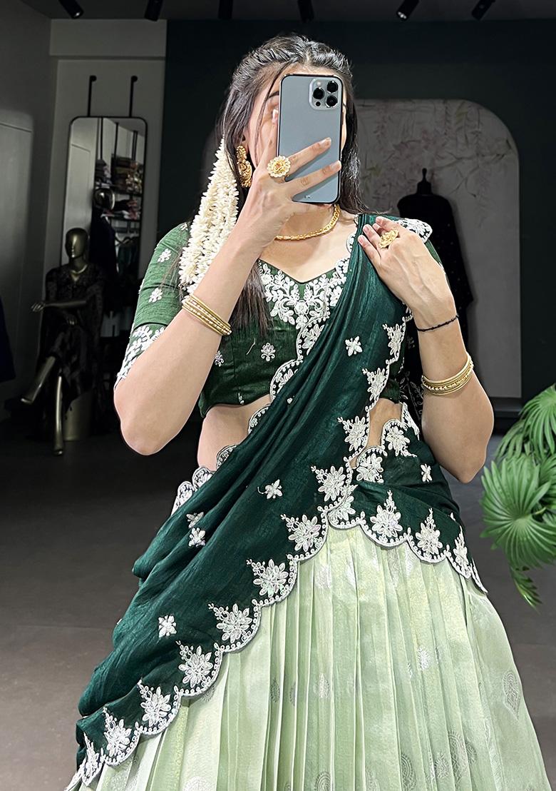 Green Embroiderd Blended Lehenga Set - Indya