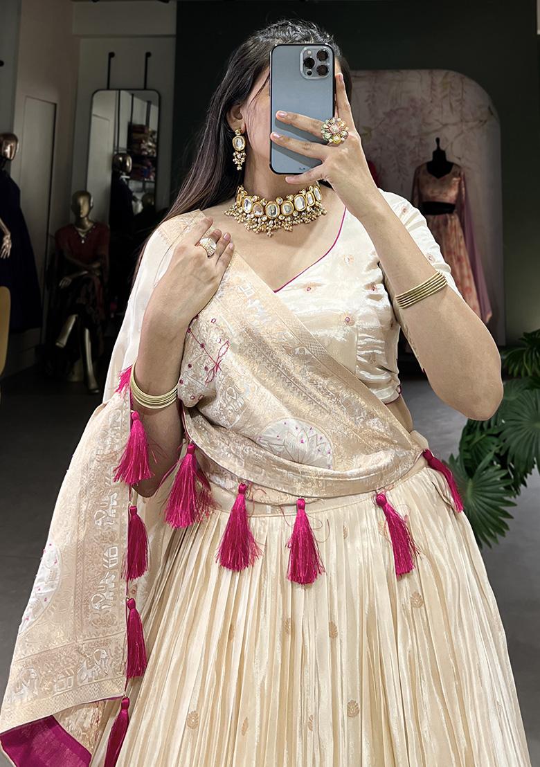 Pink Embroiderd Blended Lehenga Set - Indya