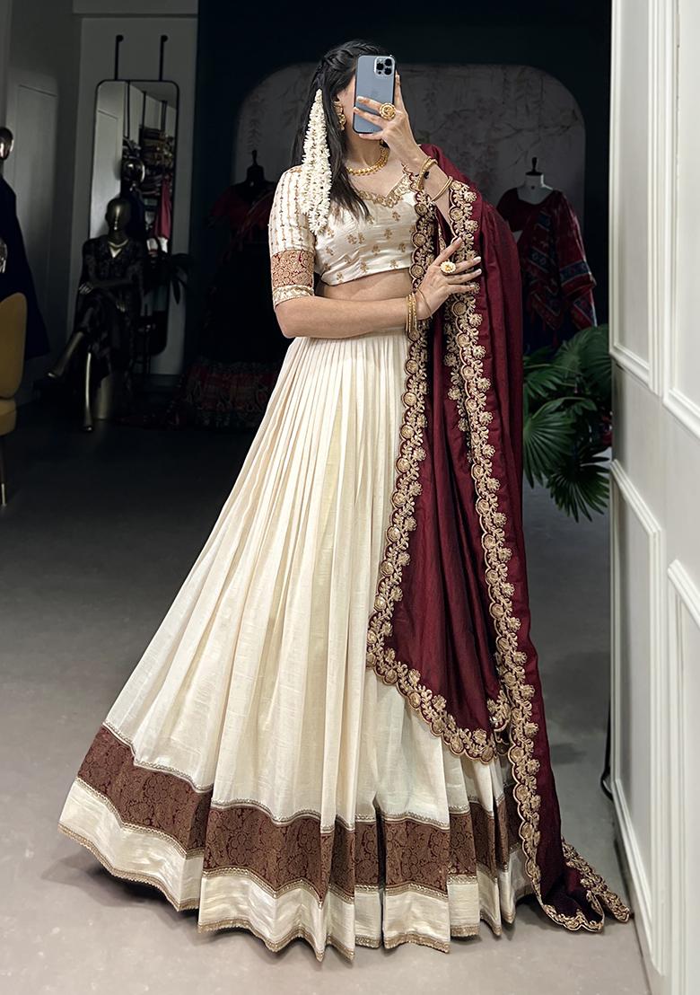 White Embroiderd Silk Lehenga Set - Indya