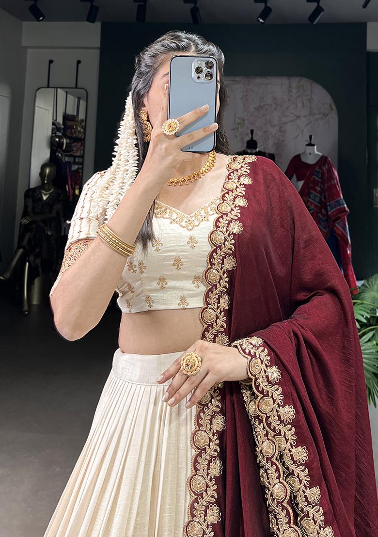 White Embroiderd Silk Lehenga Set - Indya