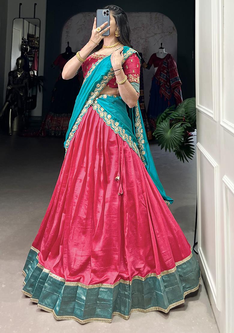 Pink Embroiderd Silk Lehenga Set - Indya