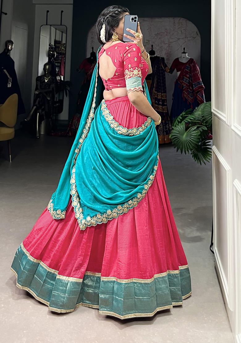 Pink Embroiderd Silk Lehenga Set - Indya