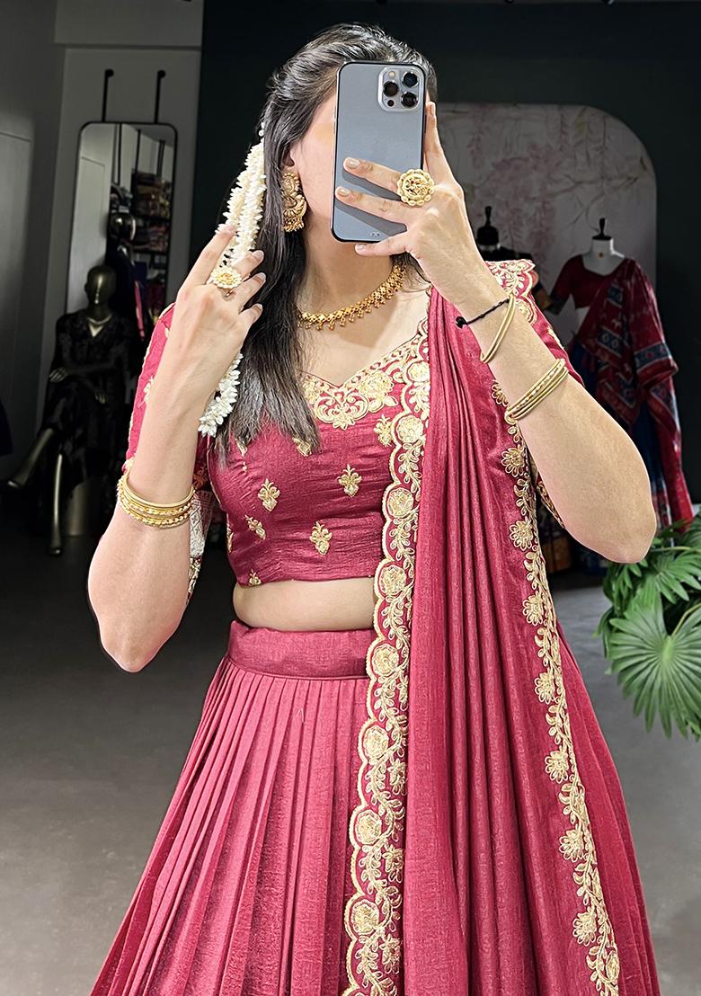 Red Embroiderd Silk Lehenga Set - Indya