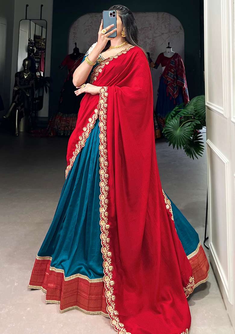 Blue Embroiderd Silk Blend Lehenga Set for Diwali and Festive Wear - Indya