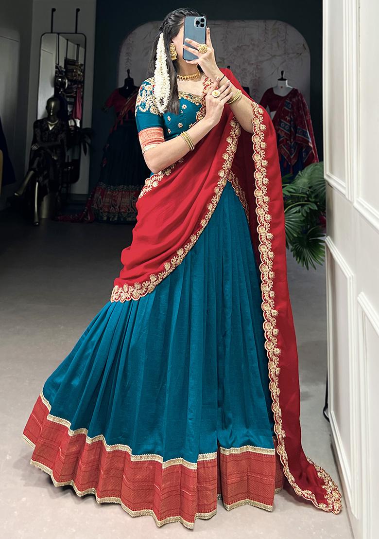 Blue Embroiderd Silk Lehenga Set - Indya