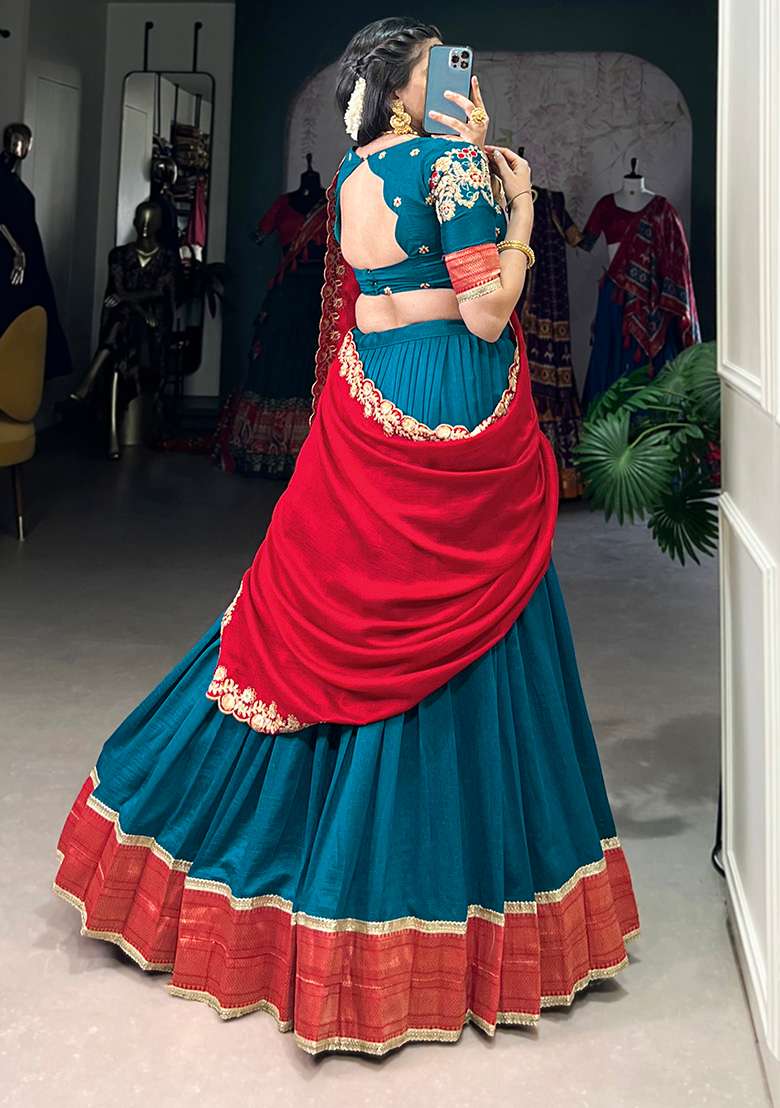 Blue Embroiderd Silk Blend Lehenga Set for Diwali and Festive Wear - Indya