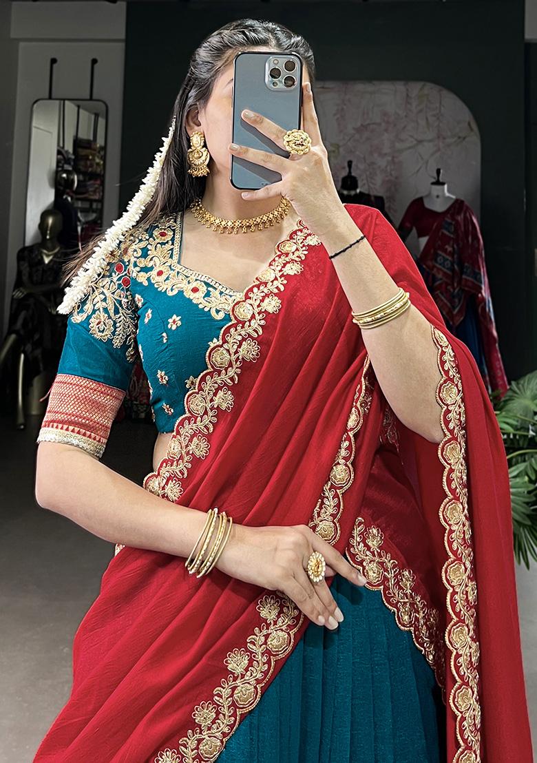 Blue Embroiderd Silk Lehenga Set - Indya