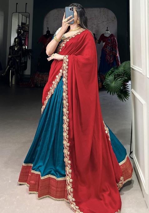 Blue Embroiderd Silk Lehenga Set