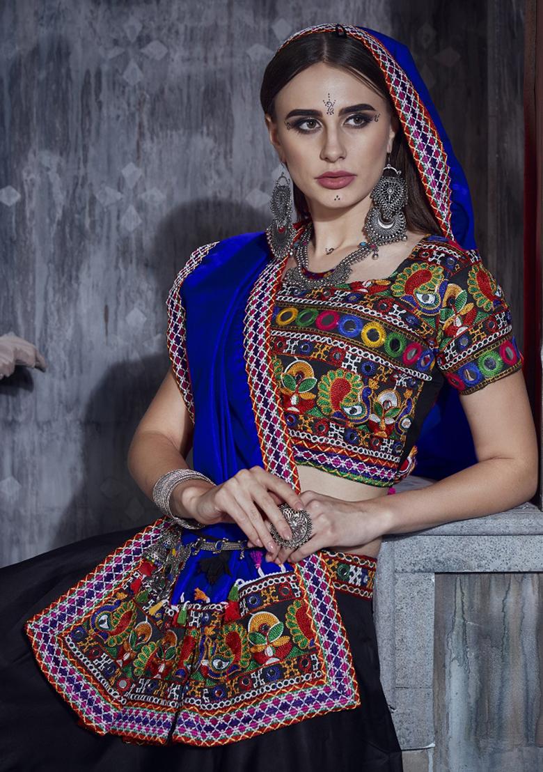 Blue Embroiderd Silk Lehenga Set - Indya