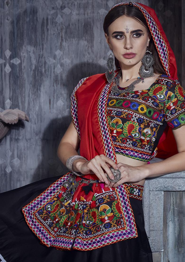 Red Embroiderd Silk Lehenga Set - Indya