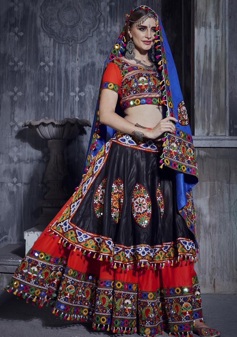 Red Embroiderd Silk Lehenga Set - Indya