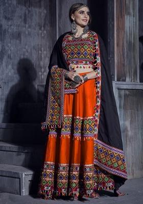 Orange Embroiderd Silk Lehenga Set