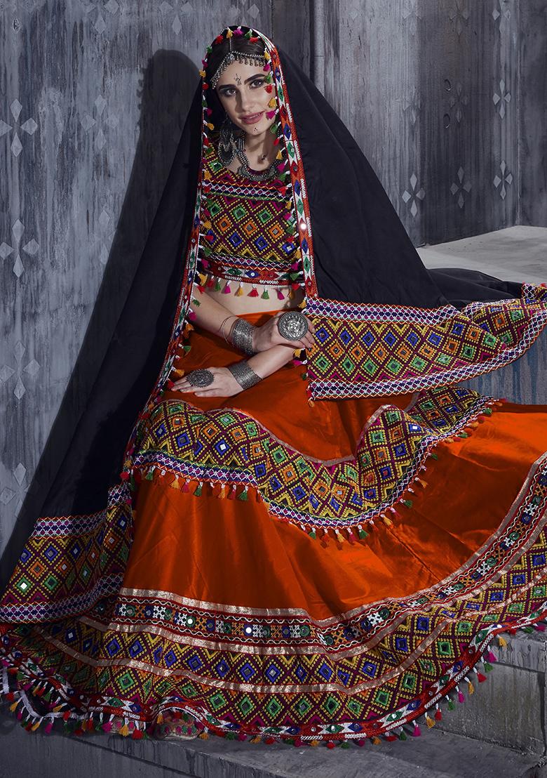 Orange Embroiderd Silk Lehenga Set - Indya