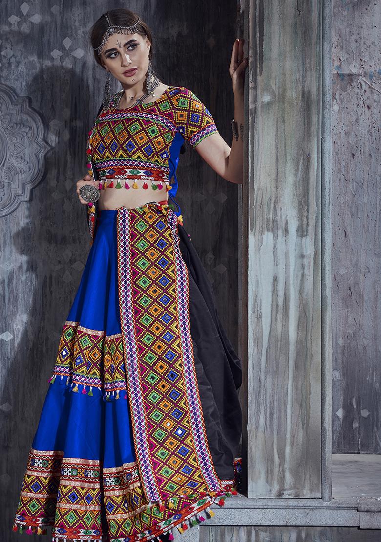 Blue Embroiderd Silk Lehenga Set - Indya