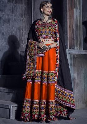 Orange Embroiderd Silk Lehenga Set