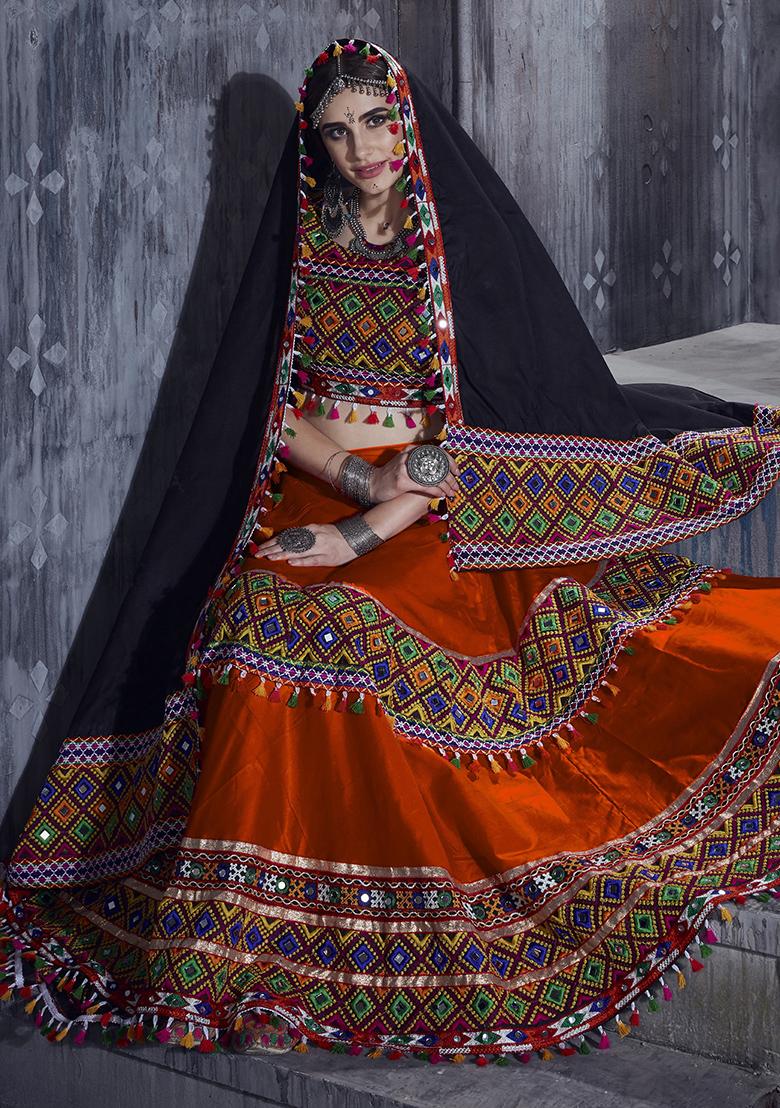 Orange Embroiderd Silk Lehenga Set - Indya