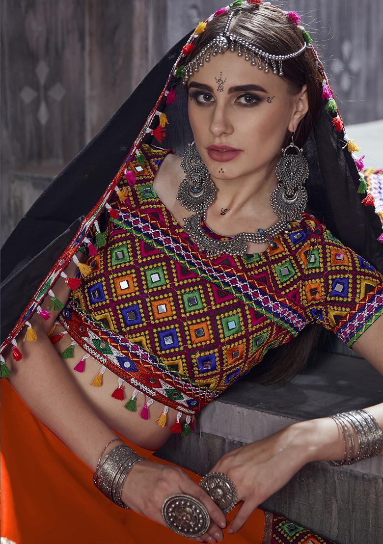 Orange Embroiderd Silk Lehenga Set - Indya