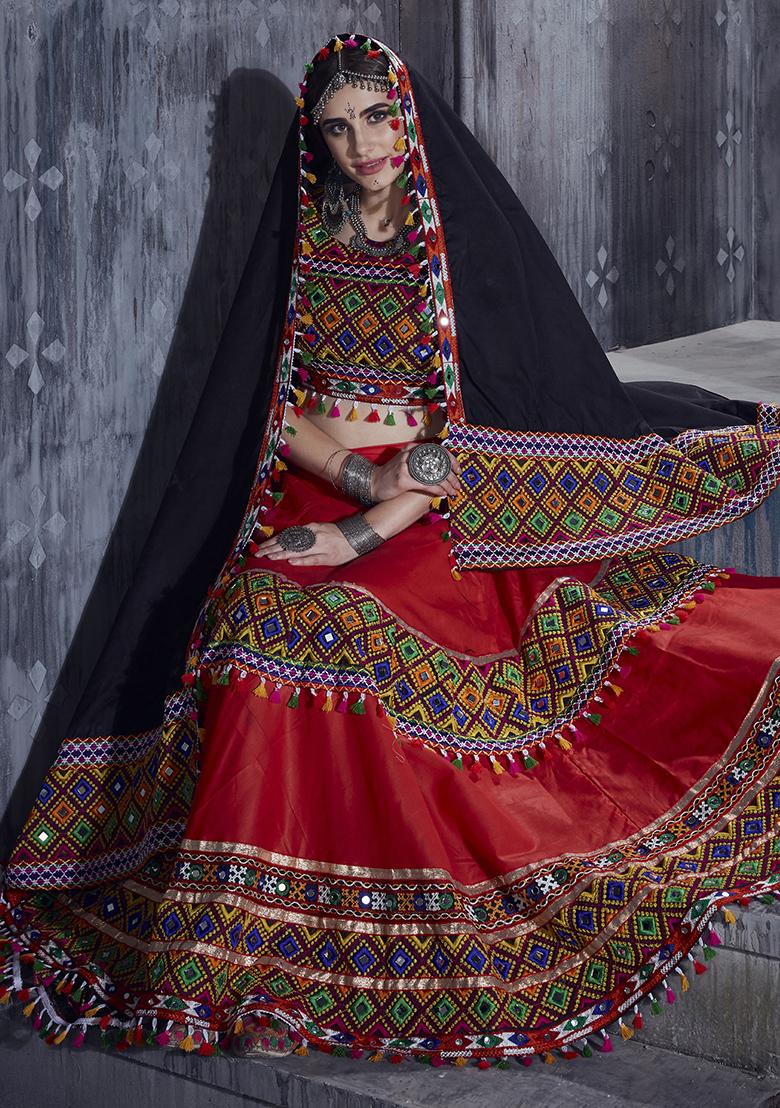 Red Embroiderd Silk Lehenga Set - Indya