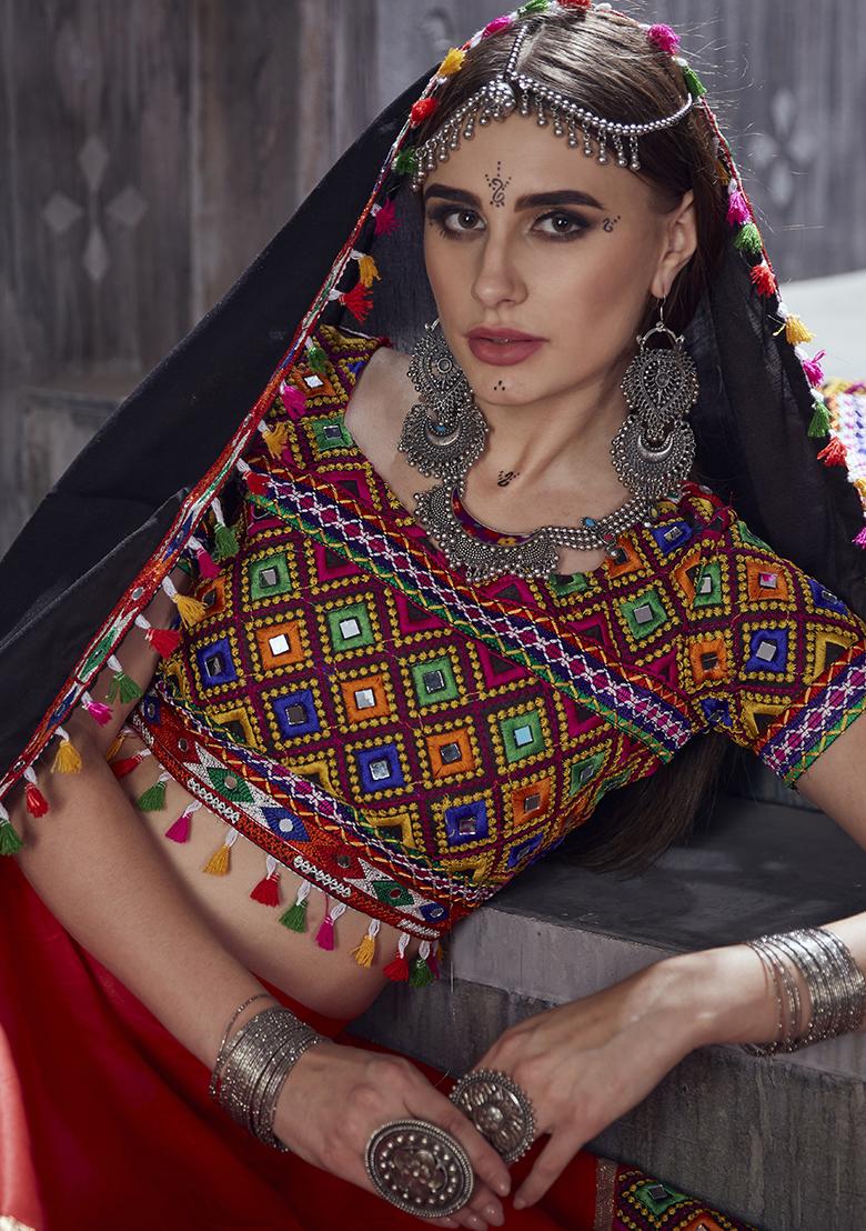 Red Embroiderd Silk Lehenga Set - Indya