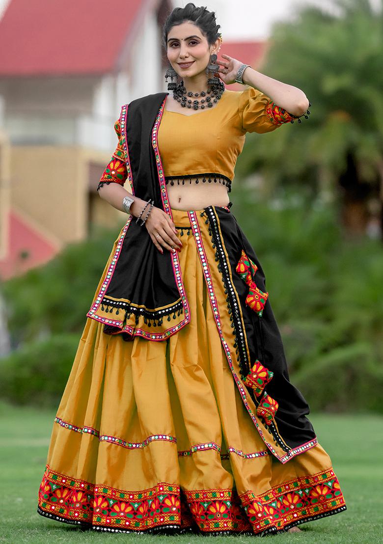 Yellow Embroiderd Cotton Lehenga Set - Indya