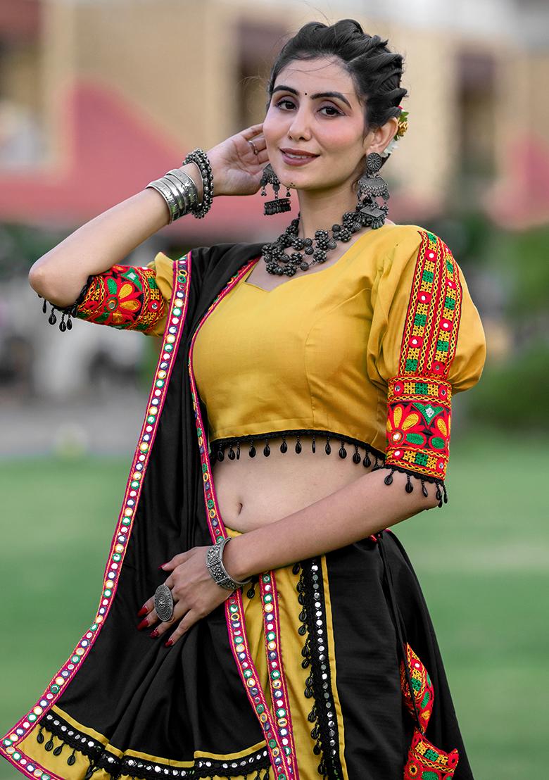 Yellow Embroiderd Cotton Lehenga Set - Indya