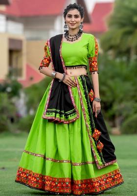 Green Embroiderd Cotton Lehenga Set