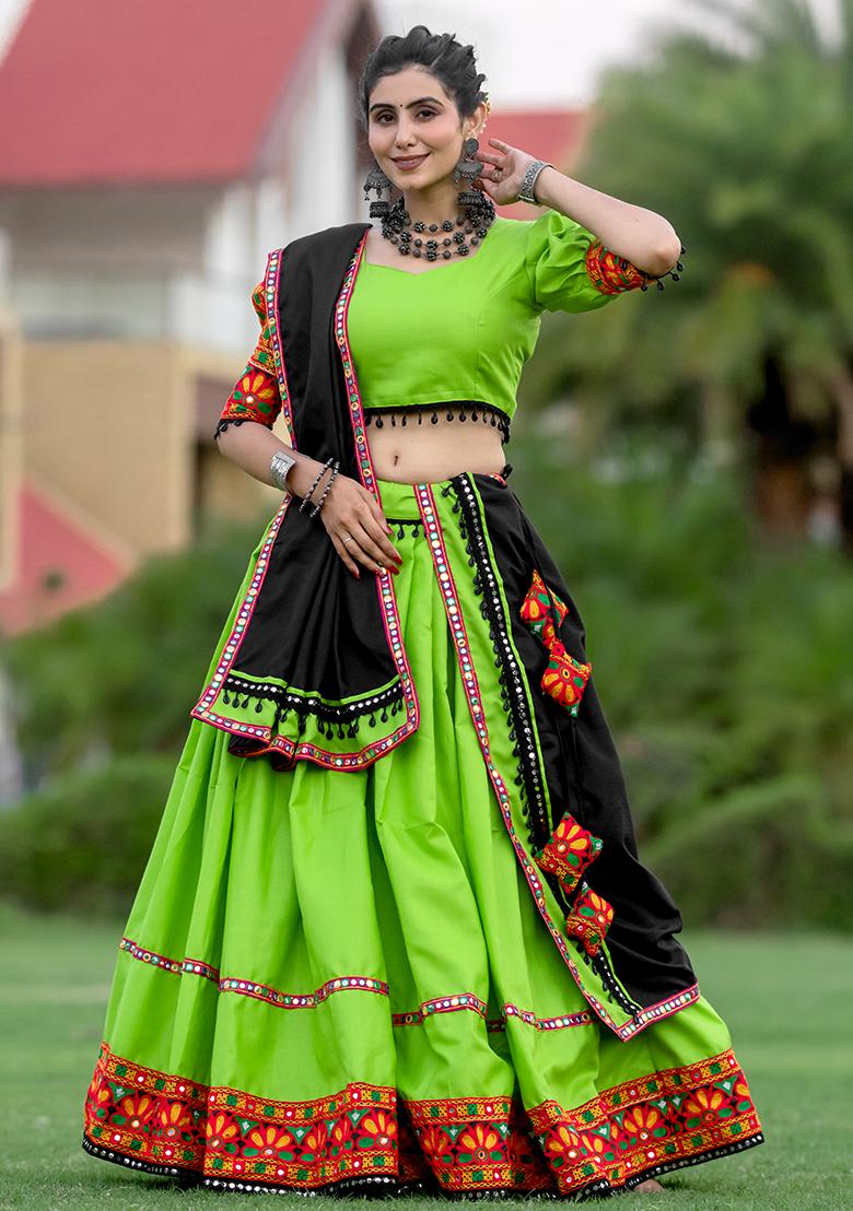 Green Embroiderd Cotton Lehenga Set - Indya