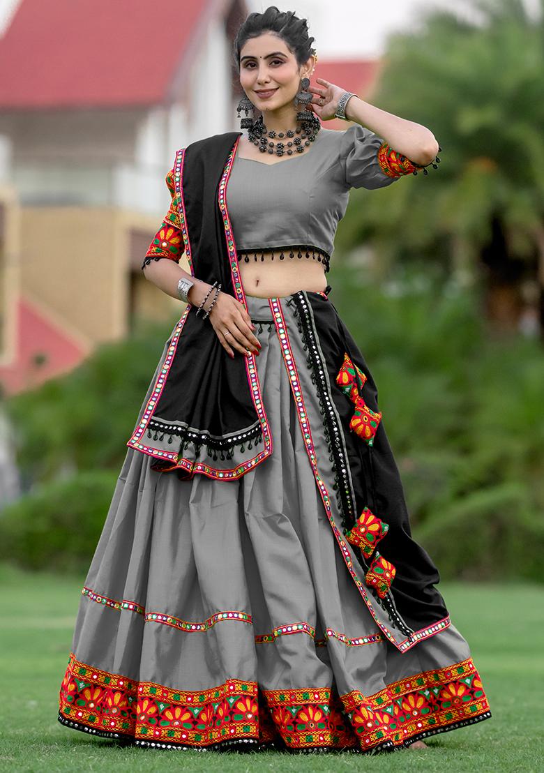 Grey Embroiderd Cotton Lehenga Set - Indya