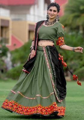 Green Embroiderd Cotton Lehenga Set