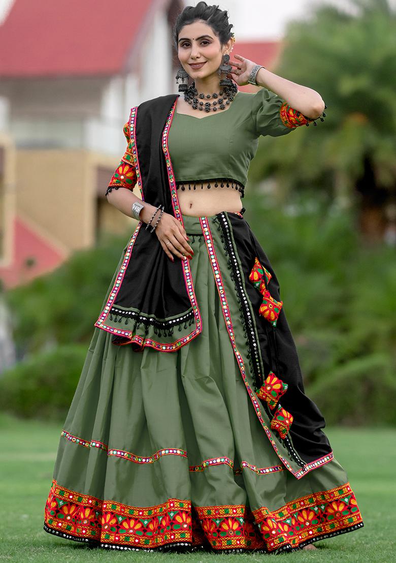 Green Embroiderd Cotton Lehenga Set - Indya