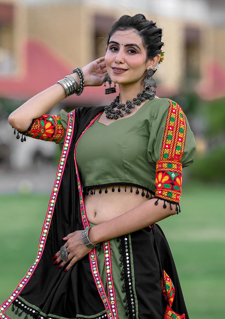 Green Embroiderd Cotton Lehenga Set - Indya