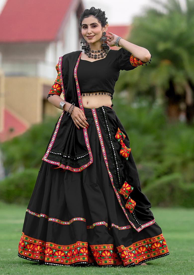 Black Embroiderd Cotton Lehenga Set - Indya