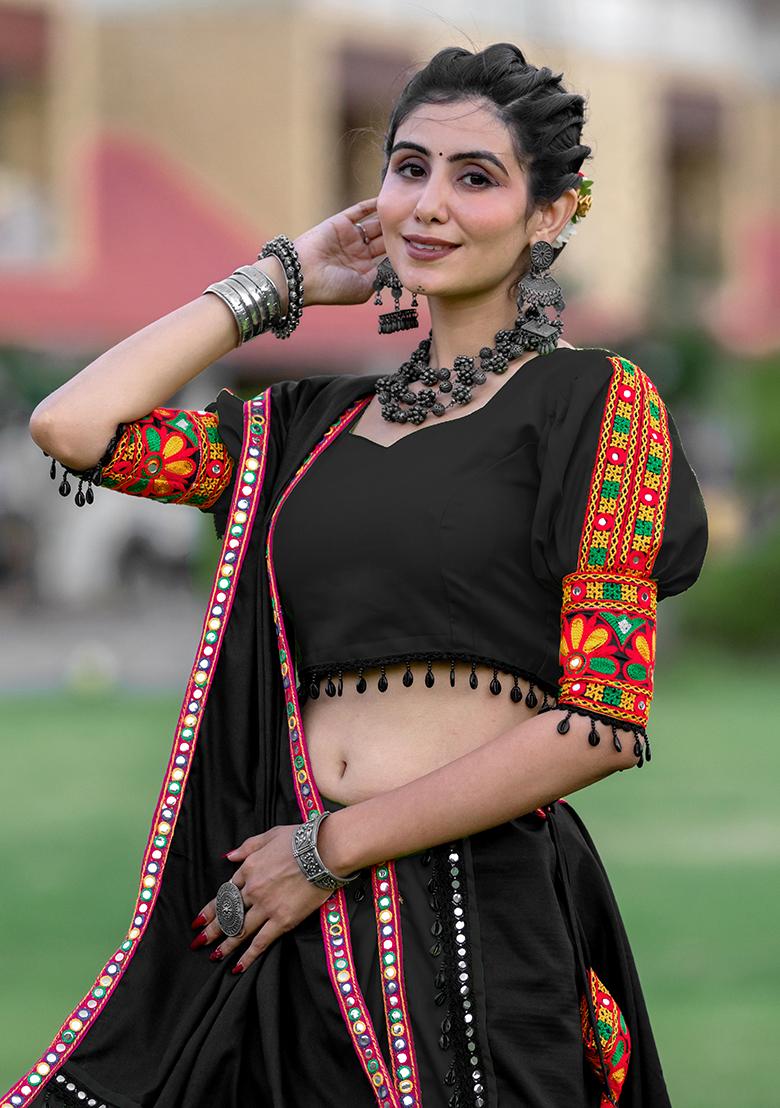 Black Embroiderd Cotton Lehenga Set - Indya