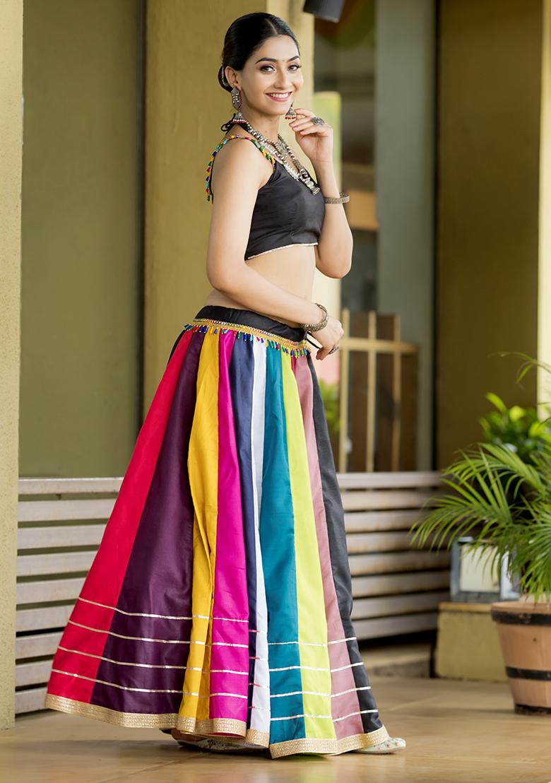 Multi Color Embroiderd Cotton Lehenga Set - Indya