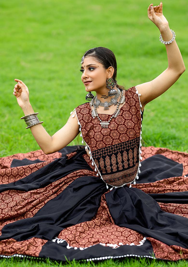 Brown Embroiderd Cotton Lehenga Set - Indya