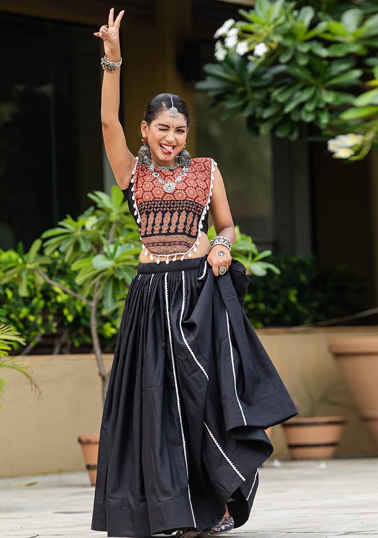 Multi Color Embroiderd Cotton Lehenga Set - Indya