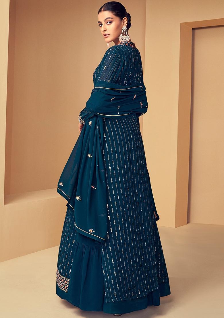 Blue Sequine Embroidered Work Georgette Lehenga Choli - Indya