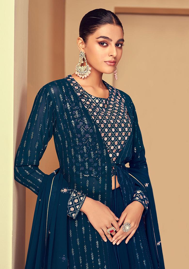 Blue Sequine Embroidered Work Georgette Lehenga Choli