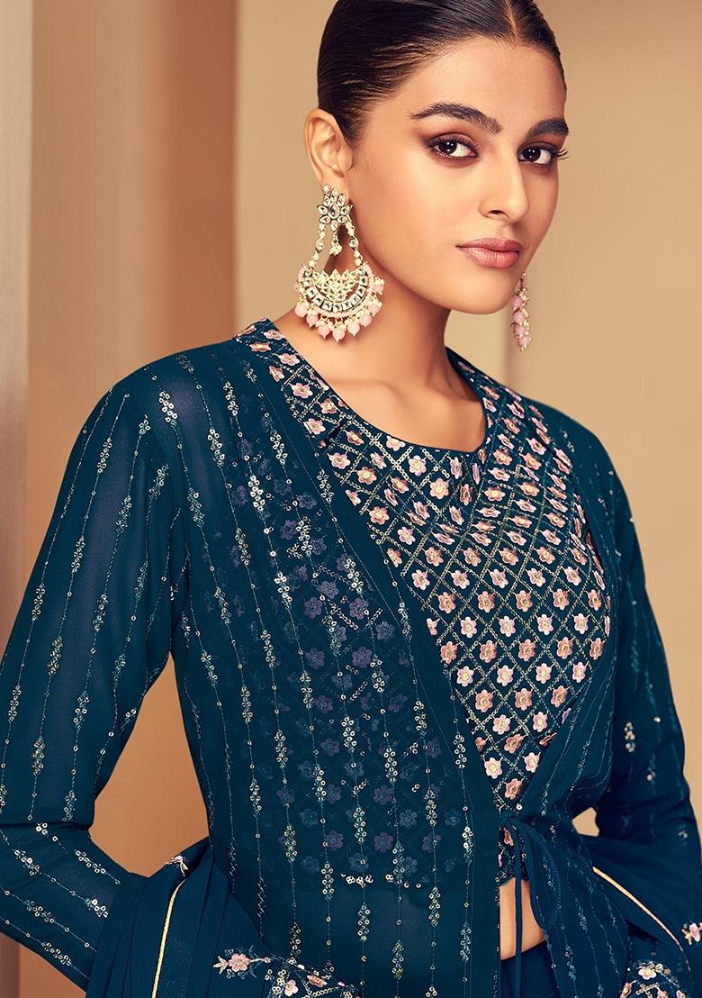 Blue Sequine Embroidered Work Georgette Lehenga Choli - Indya