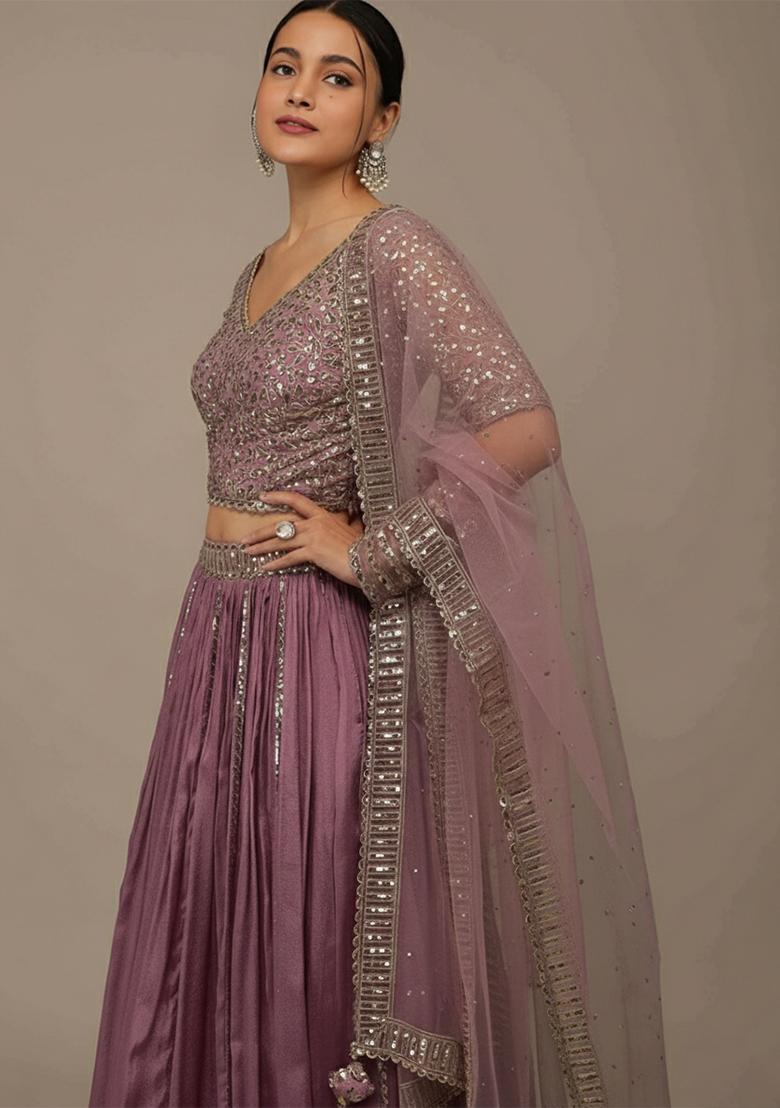 Pink Sequine Embroidered Work Silk Lehenga Choli - Indya