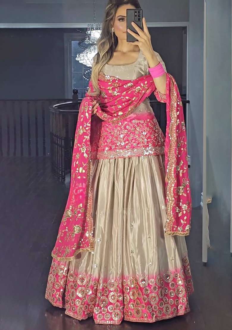Pink Embroidery Chinon Lehenga Set With Dupatta for Diwali and Festive Wear - Indya