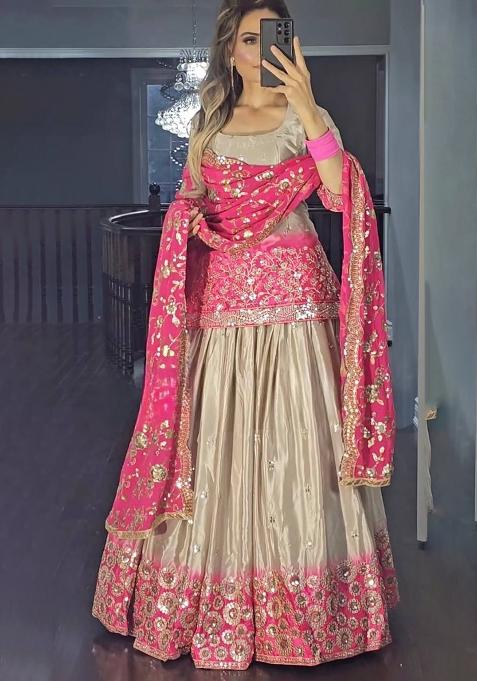 Pink Embroidery Chinon Lehenga Set With Dupatta