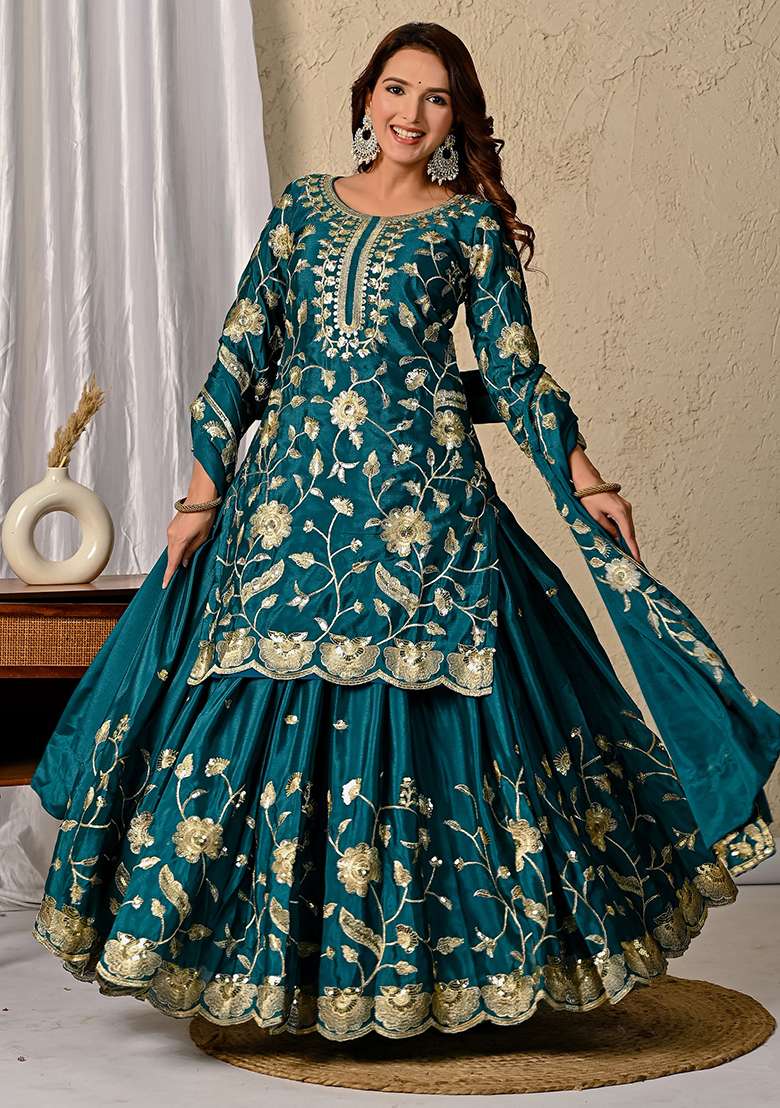 Green Chinon With Dupatta Lehenga Set with Embroidery for Diwali | Wedding & Festive Wear - Indya