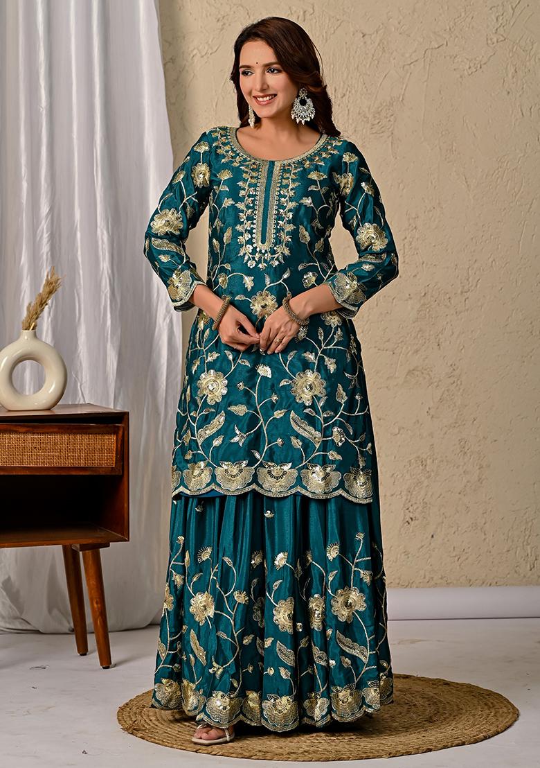 Green Embroidery Chinon Lehenga Set With Dupatta - Indya