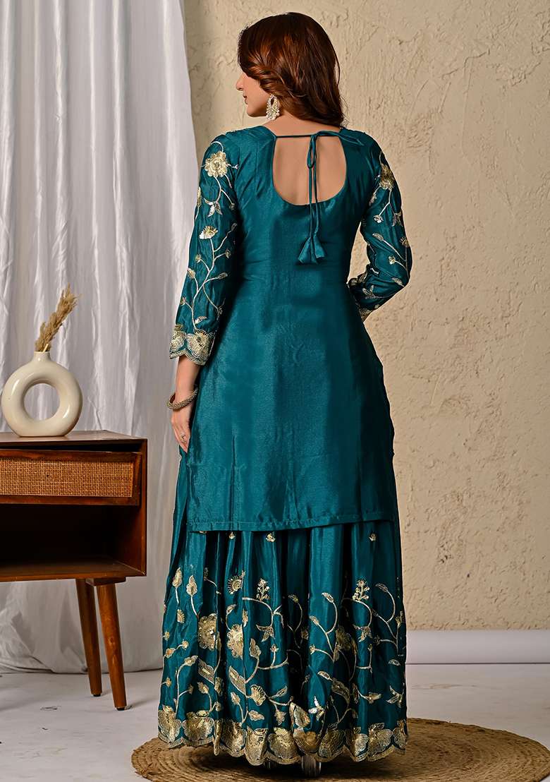Green Chinon With Dupatta Lehenga Set with Embroidery for Diwali | Wedding & Festive Wear - Indya