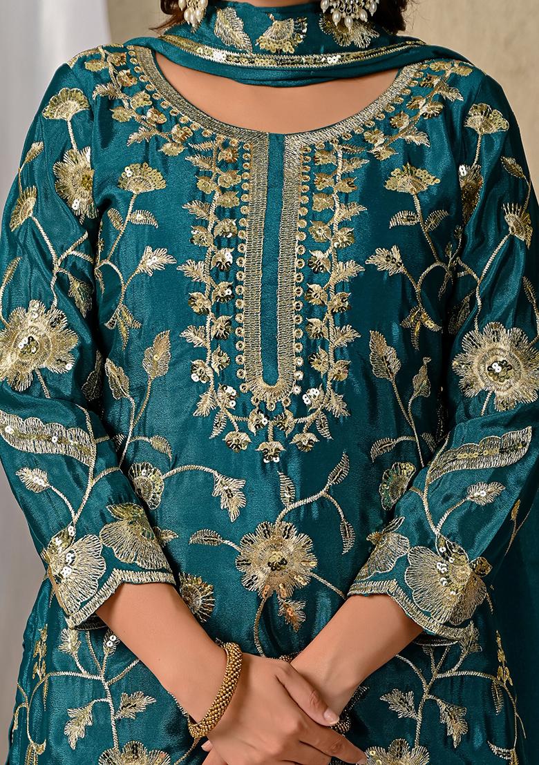 Green Embroidery Chinon Lehenga Set With Dupatta - Indya