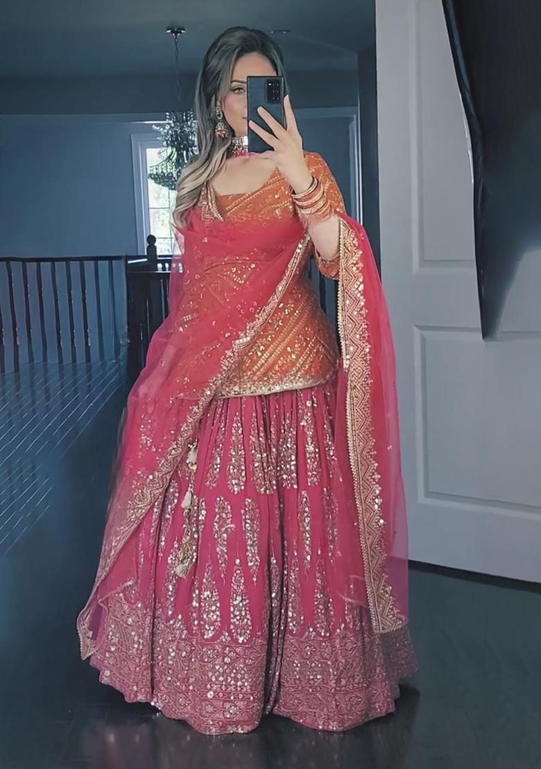 Orange Embroidery Georgette Lehenga Set With Dupatta - Indya