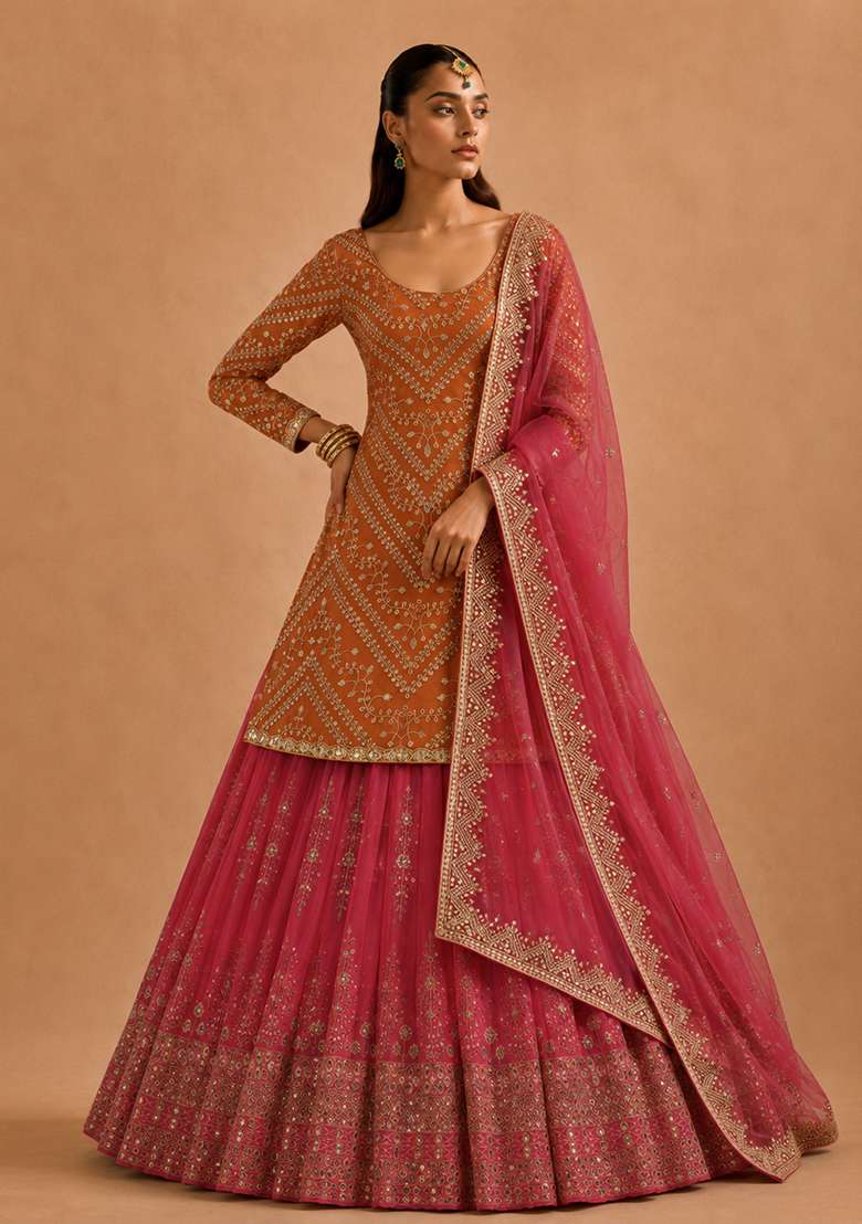 Orange With Dupatta Georgette Lehenga Set with Embroidery for Diwali | Wedding & Festive Wear - Indya